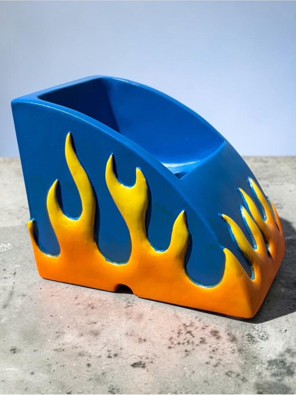 FIJI BLUE & YELLOW FLAME CERAMIC PHONE HOLDER STAND